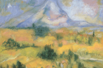 Een tekening gemaakt met softpastel op gekleurd papier geïnspireerd door het schilderij ‘Mont Sainte-Victoire gezien van Las Fauves (1902–1904) van Paul Cézanne (1839–1906). 