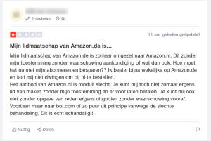 Gedwongen Amazon.de Prime switcher op TrustPilot