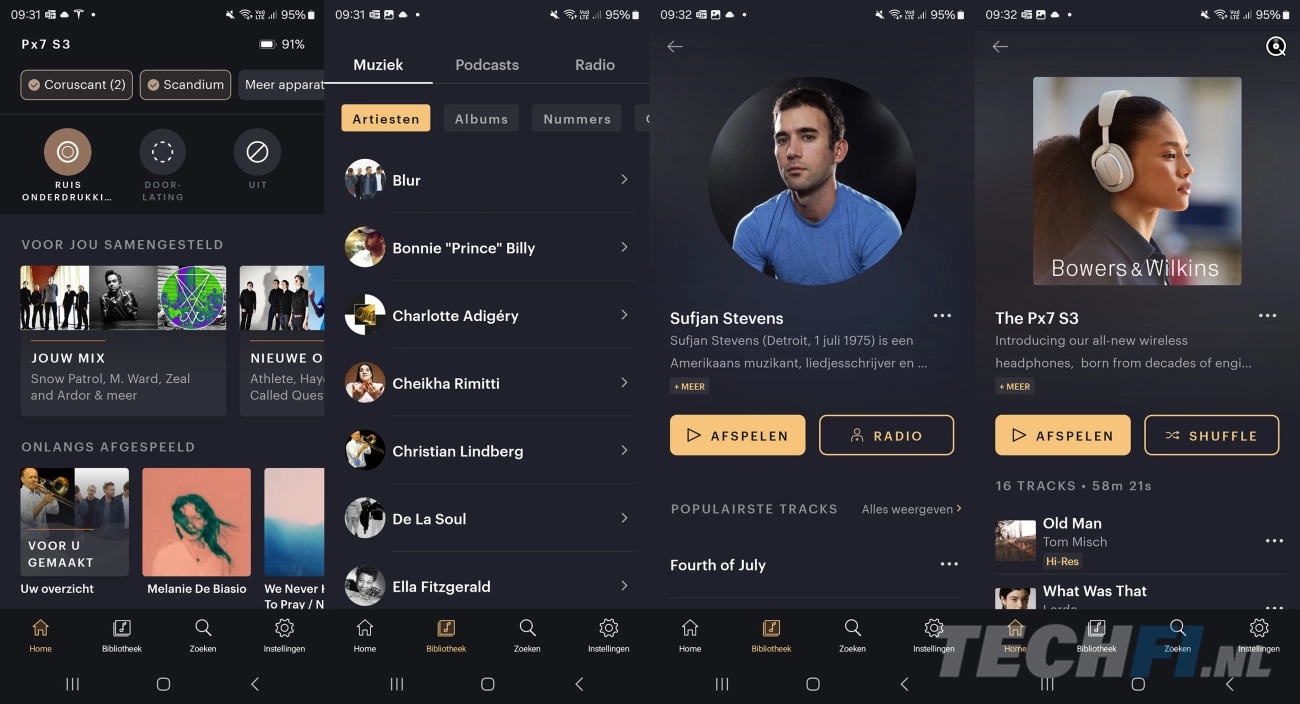 Samengestelde screenshot van de Bowers & Wilkins Music-app