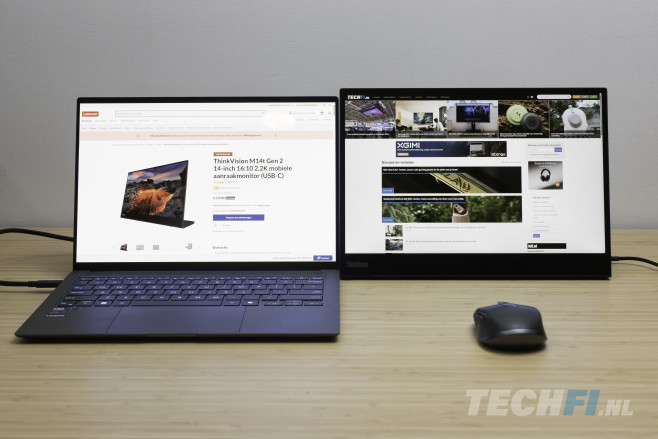 De Lenovo ThinkVision M14t Gen2 past qua formaat uitstekend bij een 14-inch laptop zoals de hier gebruikte ASUS ZenBook S 14 OLED.