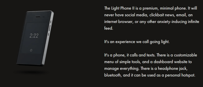 Light Phone II site (Bron: thelightphone.com)