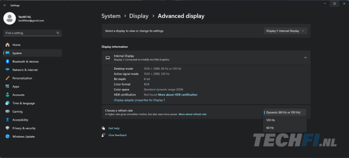 Huawei Matebook X Pro 2024 refresh rate instellingen