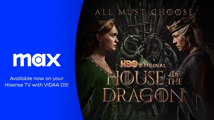 HBO Max op VIDAA, onder andere bekend van Hisense televisies