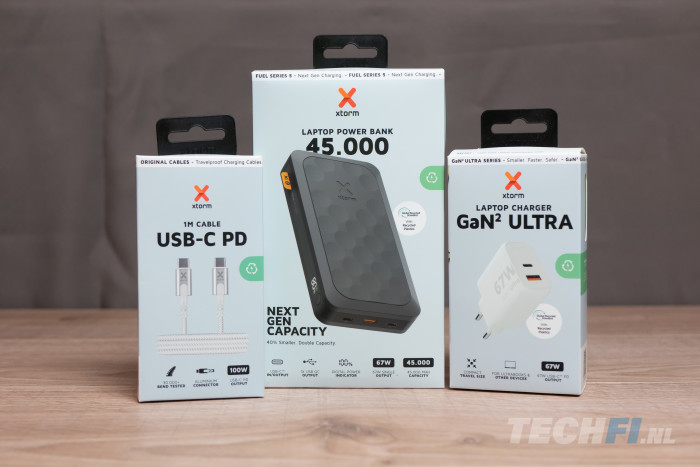 De Xtorm FS5451 Fuel Series 5 Powerbank 67W doet het goed met de Xtorm XEC067 GaN² lader en CX2070 USB-C 100W laadkabel.