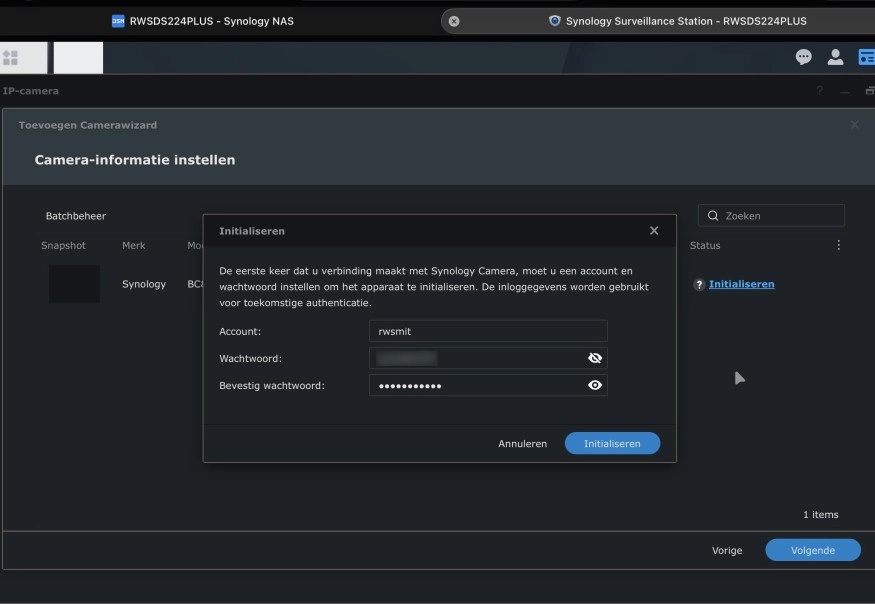 Een wizard in Surveillance Station helpt je met het toevoegen van de Synology BC800Z