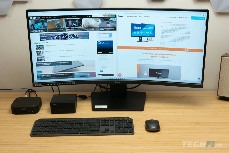 De KVM-functie van de Iiyama ProLite XCB3497WQSNP maakt schakelen tussen meerdere aangesloten PC's (zoals hier twee ASUS NUCs) heel eenvoudig.