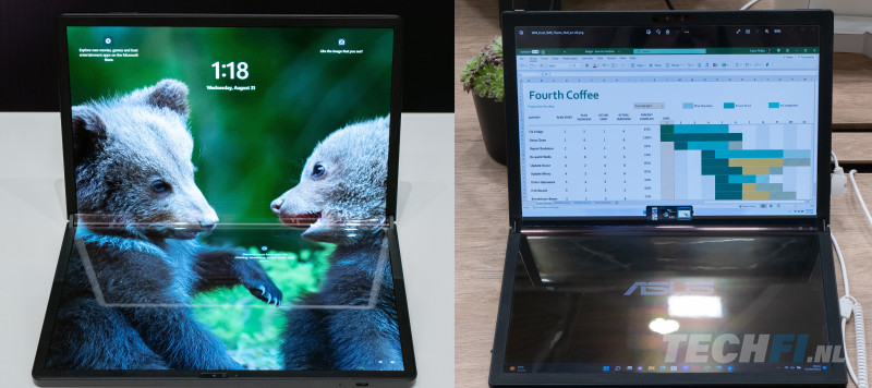 Zenbook 17 Fold vs ThinkPad X1 Fold 2e gen. half opengevouwen