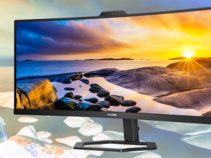 Extra brede Philips monitor voor online samenwerken heeft 5 megapixel Windows Hello webcam