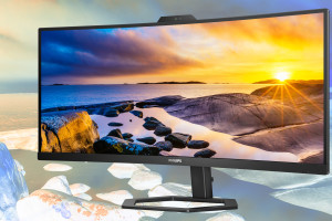 Extra brede Philips monitor voor online samenwerken heeft 5 megapixel Windows Hello webcam
